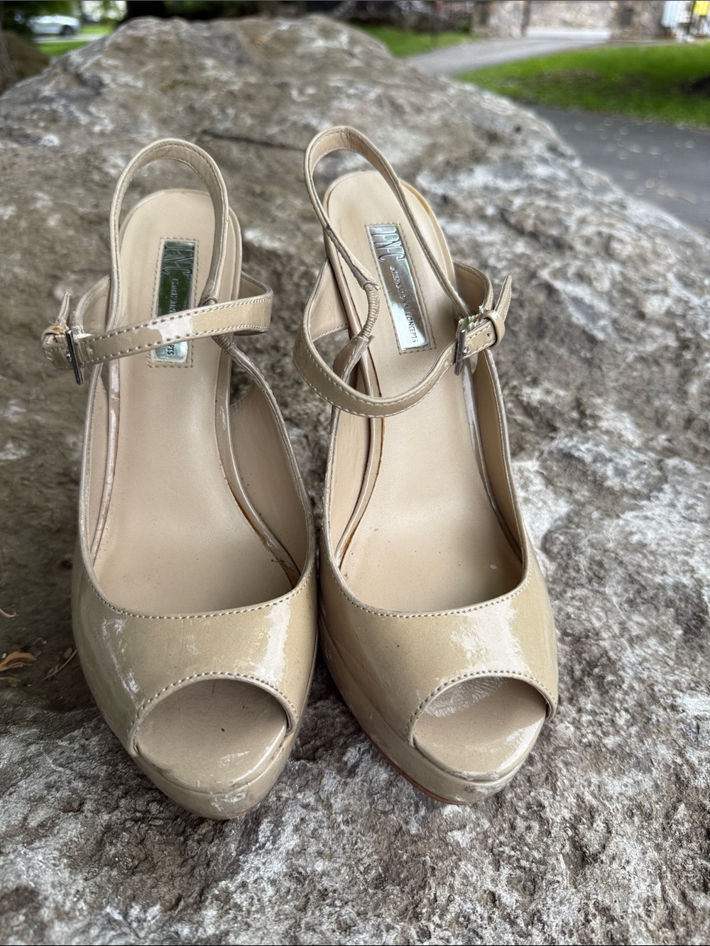 Inc Women's Beige Patent Peep-Toe Slingback Heels